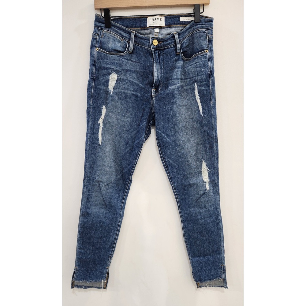 FRAME Le High Skinny Jeans Blue Distressed Raw Hem Side Slit Denim Size 28